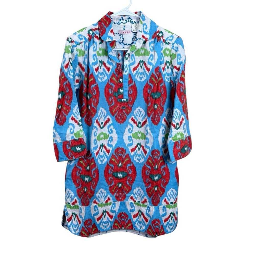 Tizzie Tunic Shirt Casual Dress Blue‎ Red Abstract Retro Inspired Print Sz XS